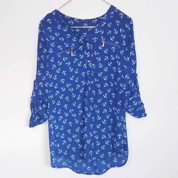 Blue Lightweight Tunic w Aqua Anchor Pattern - Picture 1 of 4